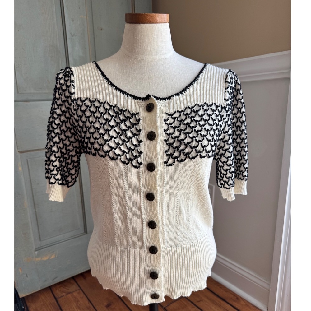MOTH Sweater Cardigan Womens M Ivory Scoop Neck Button Puff Sleeve Knit Retro
